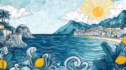 Exquisite Hand-drawn Doodle Style Sicilian Coastal Illustration Incorporating Vibrant Vector Ink Details and Playful Lemon Motifs for a Relaxing Summer Vacation Theme