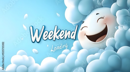 Imaginative graphic composition with bold calligraphy of Weekend and Loading alongside a playful sketch smiley face against a dreamy blue, cloud-filled background