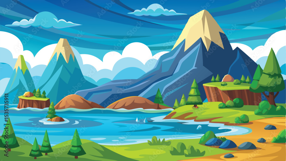 Obraz premium Cartoon Landscape with Mountains, Trees, Water, and Beach in a Vivid Style