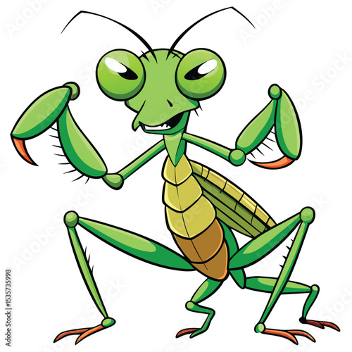 A fierce praying mantis with forelegs raised, poised and ready to strike its prey.