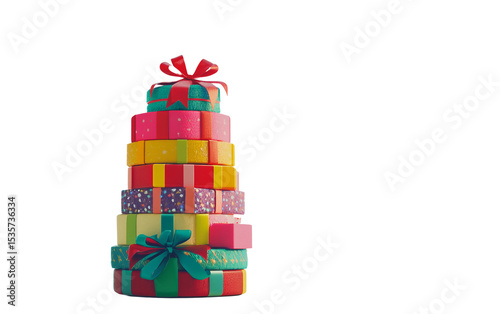 A large stack of vividly colored birthday gift boxes arranged neatly with decorative ribbons for a festive celebration isolated on transparent background PNG