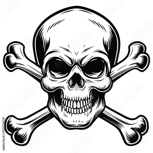 Monochrome Skull and Crossbones Illustration Graphic for Tattoo Designs and Pirate Imagery Depictions, with a Vintage Style