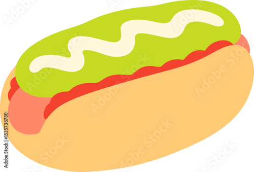 Hot dog with tomato, avocado and mayo. Traditional fast food sandwich, popular in Chile as "Completo Italiano". Flat cartoon vector illustration.