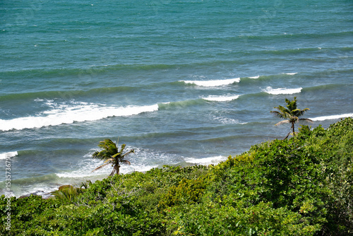 Fototapeta Naklejka Na Ścianę i Meble -  Contemporary-styled Aguadilla ruins by the sea in Puerto Rico, featuring beach views, ocean scenery, and a dog by the shore.
