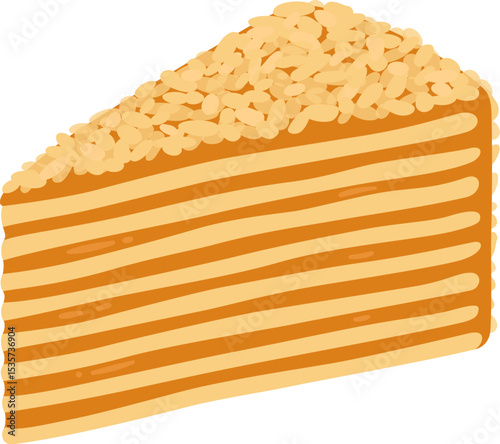Slice of traditional Chilean Torta Mil Hojas cake. Mille-feuille pastry with many thin layers and dulce de leche (manjar) filling. Flat cartoon vector illustration.