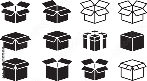 open cardboard box silhouette collection storage delivery and packaging icon set