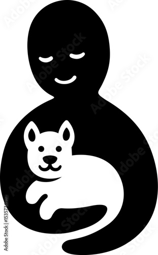 Illustration of person holding dog, simple and stylish silhouette logo. Pet care, dog love. Black and white negative space design.
