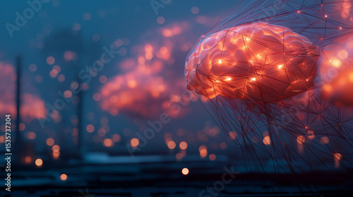 Abstract futuristic background with neural network patterns and digital AI motifs.