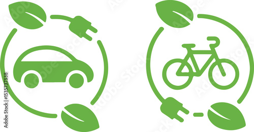 eco friendly transport icon set green electric car and bicycle charging station leaf symbol modern flat vector