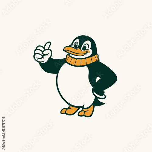 Charming vector cartoon of a happy penguin mascot giving a thumbs-up. 