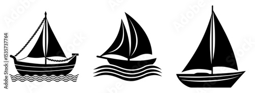 Silhouette set of vector art of sailing vessels on the ocean waves