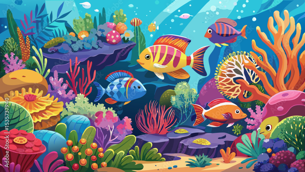 Tropical sea underwater fishes on coral reef. Aquarium oceanarium wildlife colorful marine panorama landscape nature snorkeling diving .Very beautiful