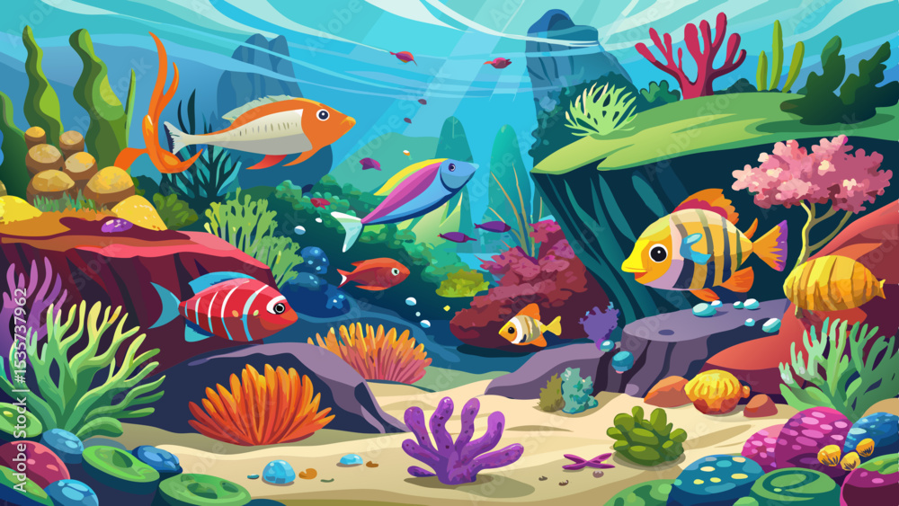 Tropical sea underwater fishes on coral reef. Aquarium oceanarium wildlife colorful marine panorama landscape nature snorkeling diving .Very beautiful