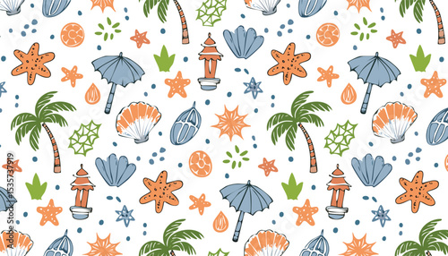 Hand drawn summer vintage icon set. Palm tree, sun and sea, seashells, coral, in doodle sketch style. Drawing ink. Italian concept, ocean, vacation and travel. Vector whimsical elements.abstract, 