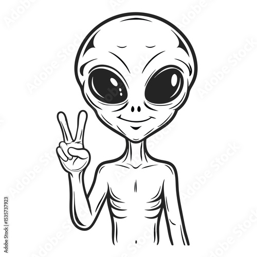 Monochrome Alien with a Big Head and a Peace Sign is Promoting Goodwill and Interstellar Harmony Among the Planets