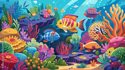 Tropical sea underwater fishes on coral reef. Aquarium oceanarium wildlife colorful marine panorama landscape nature snorkeling diving .Very beautiful