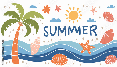colorful Hand drawn summer vintage icon set. Palm tree, sun and sea, seashells, coral, in doodle sketch style. Drawing ink. Italian concept, ocean, vacation and travel. Vector.children, doodle, palm