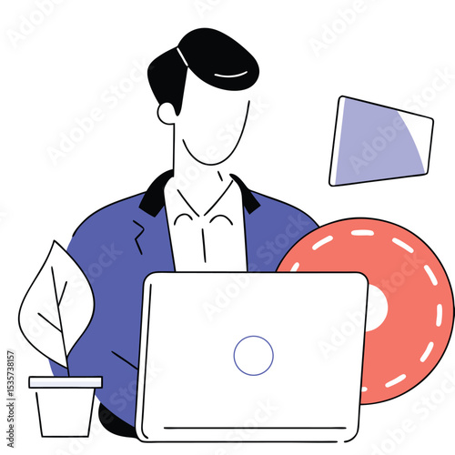 Faceless man with laptop appears busy beside a planter and disc object