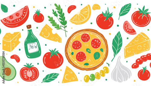 Hand drawn italian food and drink set. Mediterranean food collection. Healthy ingredients. Illustrations traditional products. Pasta, olive oil, tomato, lemon, wine, pizza. Vector.doodle, italian,