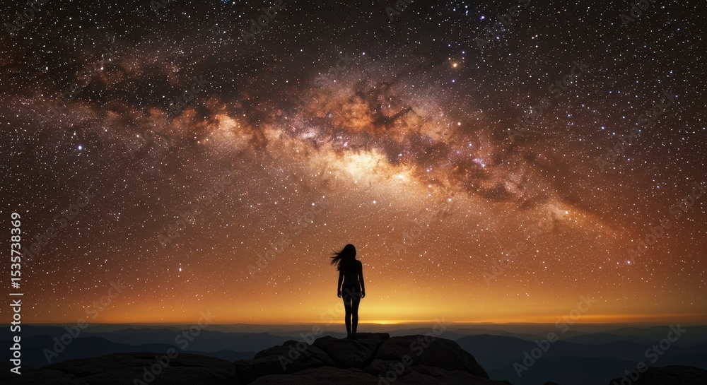 Fototapeta premium Silhouette Cosmic Vista - A lone figure silhouetted against a breathtaking cosmic vista, symbolizing wonder, exploration, solitude, hope, and the vastness of the universe