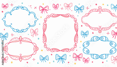 Doodle hand drawn coquette frames with hearts, wavy lines, bows and ribbons. Trendy vintage whimsical borders for wedding invitations, birthday card, prints. Vector.birthday, border, chalk, 