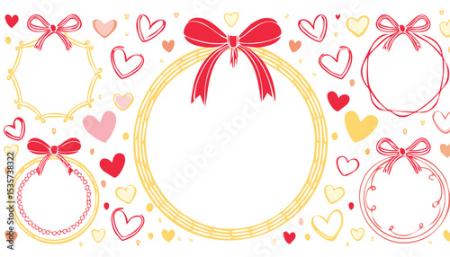 Doodle hand drawn coquette frames with hearts, wavy lines, bows and ribbons. Trendy vintage whimsical borders for wedding invitations, birthday card, prints. Vector.birthday, border, chalk, 