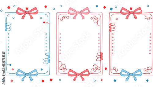Doodle hand drawn coquette frames with hearts, wavy lines, bows and ribbons. Trendy vintage whimsical borders for wedding invitations, birthday card, prints. Vector.birthday, border, chalk, 