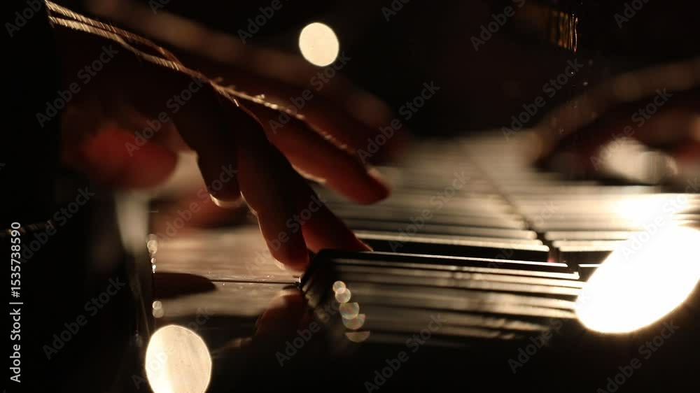 a top-down view of a pianist playing under a spotlight, and an intimate, silhouetted close-up of hands on the keys with beautiful bokeh.