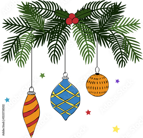 A Christmas tree branch decorated with toys composition isolated. Vector graphic line ink illustration. illustration for package, holiday design, fabric and textile.