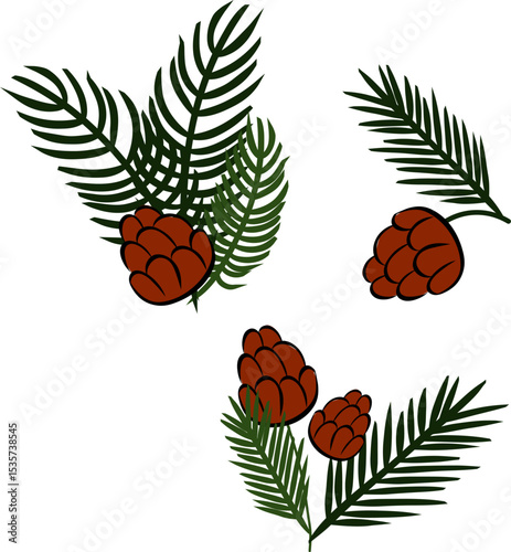 Pine tree branches with pine cones set composition isolated. Vector graphic line ink illustration. For poster, flyer, banner, invitation, social media, party or sale