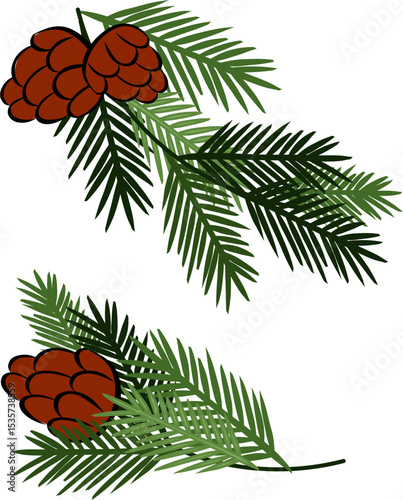 Christmas tree branches with pine cones set composition isolated. Vector graphic line ink illustration. Banner, poster, wrapping paper, sticker, print, modern textile design.