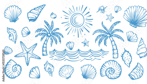 Summer boho vintage icon set. Hand drawn palm tree, sun and sea, seashells, coral, crab in naive groovy style. Tropical surf club concept, vacation and travel. Vector collage.club, collage, doodle, 