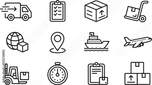 logistics and delivery icon collection showing shipping transportation warehouse supply chain vector illustration set