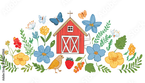 Vintage hand drawn cute cottagecore elements in sketch style. Line art. Flowers, bows, barn, goose, strawberry, butterfly. Gardening and country lifestyle. Vector.children, doodle, daisy, illustration
