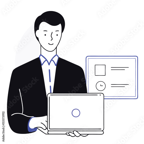 Smiling businessman holding laptop computer displays screen schedule information on white background