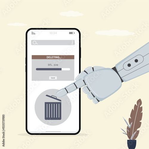 Chat bot cleaning phone or documents to waste bin smartphone. Robot arm help delete junk files, documents and clean mobile phone. Process of cleaning cellphone,