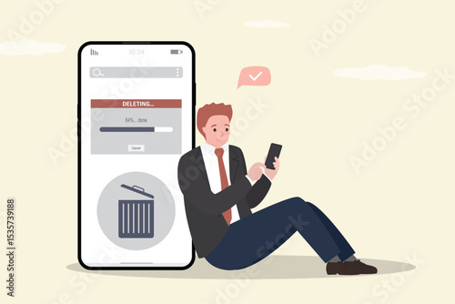 User cleaning phone or documents to waste bin smartphone. Male character delete junk files, documents and clean mobile phone. Process of cleaning cellphone, from trash files.