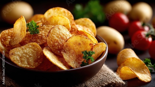 Delicious golden potato chips in bowl with fresh ingredients on rustic table
