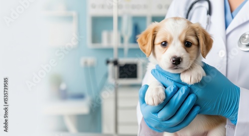 Close-up of a puppy in a veterinarian’s hands with gloves. Left copy space. Medical room background. Ideal for pet care and vet clinic banners