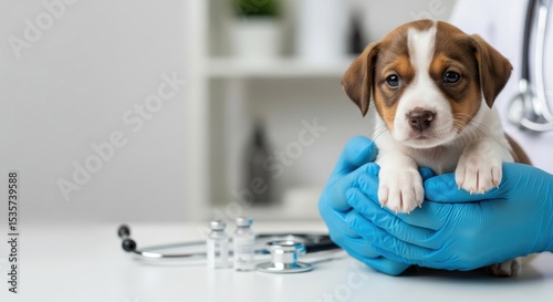 Close-up of a puppy in a veterinarian’s hands with gloves. Left copy space. Medical room background. Ideal for pet care and vet clinic banners