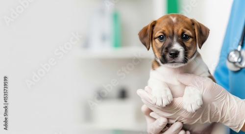 Close-up of a puppy in a veterinarian’s hands with gloves. Left copy space. Medical room background. Ideal for pet care and vet clinic banners