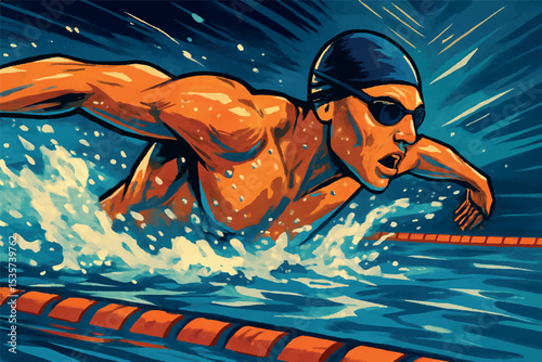 Dynamic swimmer in the butterfly stroke showcasing strength, agility, and speed in a vivid digital art style, with intense blue and orange tones, swimming lanes icon set