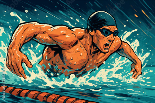 Illustration of a focused swimmer performing butterfly stroke with muscular precision, water splashing in vibrant colors, swimming lanes icon set
