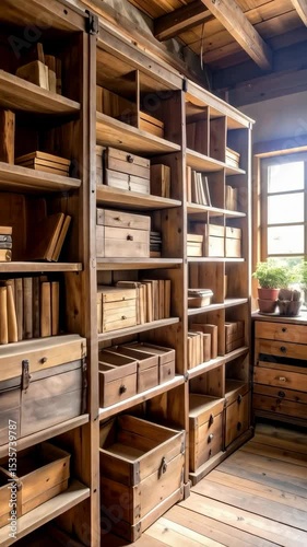 Rustic wooden bookcase full of books and wooden boxes stands in a room with wooden floors under a wooden ceiling, creating a warm and cozy atmosphere.