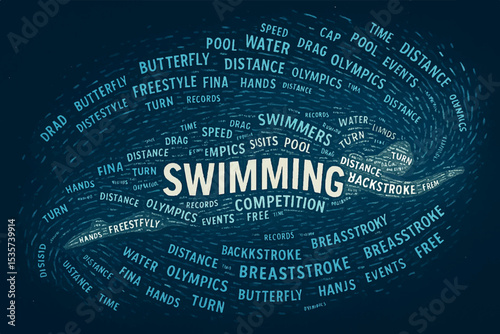 Creative swimming word cloud design showcasing various swimming terms like freestyle, breaststroke, events, olympics, and more, forming a fluid swimmer figure, swimming word cloud