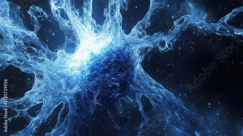 Cosmic blue light nebula with ethereal threads and stars in deep space