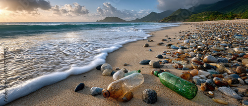 Plastic bottles on rocky beach with waves and mountains in sunrise light, pollution theme