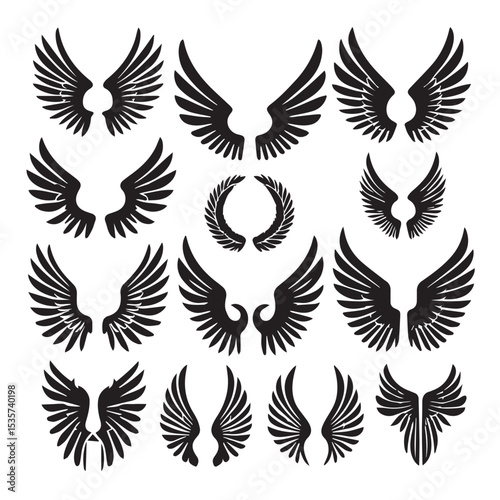 Collection of black wing designs various styles for logos and graphics
