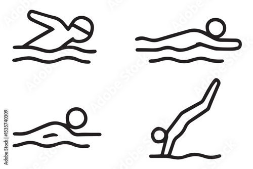 Set of swimming action icons including freestyle, breaststroke, backstroke, and diving, perfect for aquatic sport graphics, swimming lanes icon set