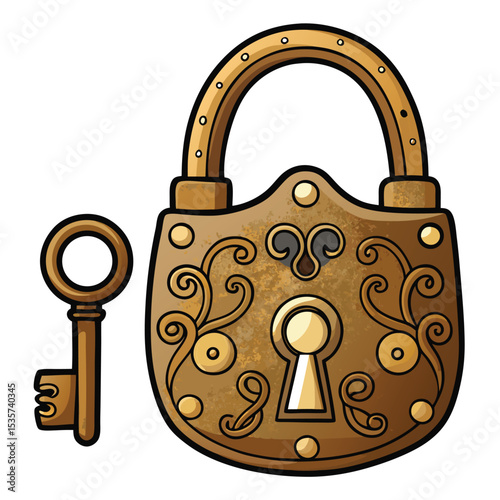 Brass antique lock with key detailed design old security device